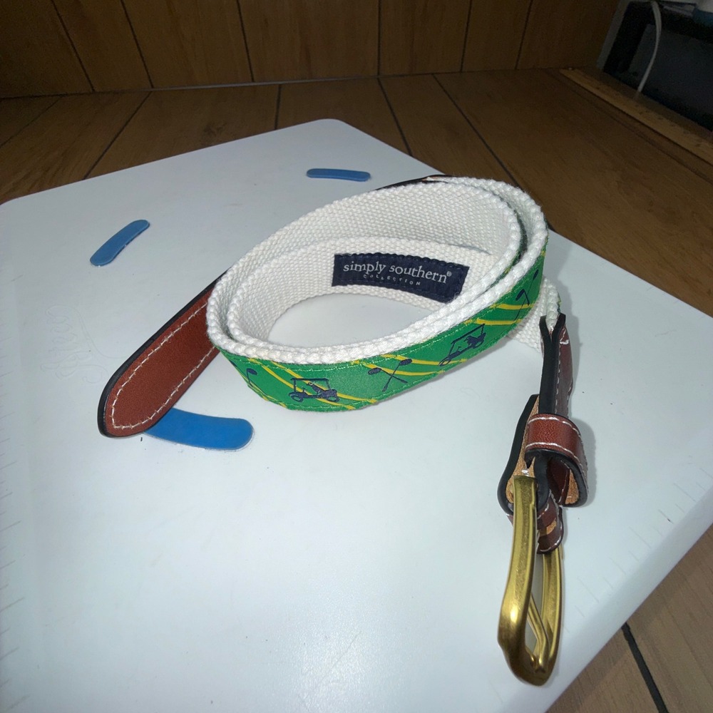 Simply Southern Mens Golf Belt Green Yellow Striped Leather Ribbon Size 32